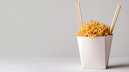 Brick of dry noodles balances on the edge of chopsticks on blank takeaway box