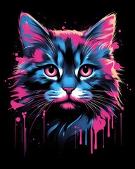 Wall Mural - Retro style t-shirt design with 80s cut cat and neon lights