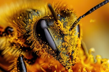 Wall Mural - Close-up photograph of a bee covered in yellow pollen
