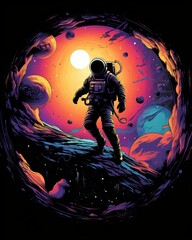 Astronaut lost in galaxy: a Japanese-style vector t-shirt design with warm colors and solid shapes