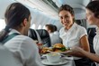 flight attendant offering food and drinks to passengers on an airplane
