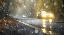 Car On The Highway, Autumn Wet Road, Danger Of An Accident In Rainy Weather Slippery Asphalt, Fog Poor Visibility