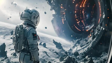 Wall Mural - an astronaut on a strange alien planet looking at an alien structure