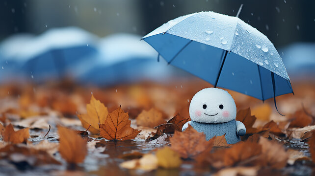lonely cute animated cartoon with an umbrella in an autumn park, postcard illustration for children, fictional image