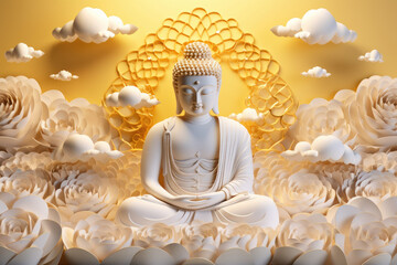 Poster - glowing golden buddha with 3d paper cut clouds flowers, nature background, lotuses, heaven light