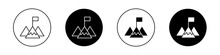 Mission Icon Set. Mountain Flag Success Vector Symbol In A Black Filled And Outlined Style. Success Flag Sign.