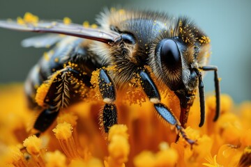 Wall Mural - The image captures a moment in the life of a busy bee, laden with bright yellow pollen grains