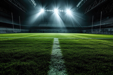 Wall Mural - Football stadium arena for match with spotlight. Soccer sport background, green grass field for competition champion match.