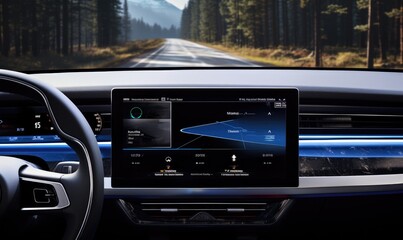 First person view from modern car cockpit with digital car data and driving information.