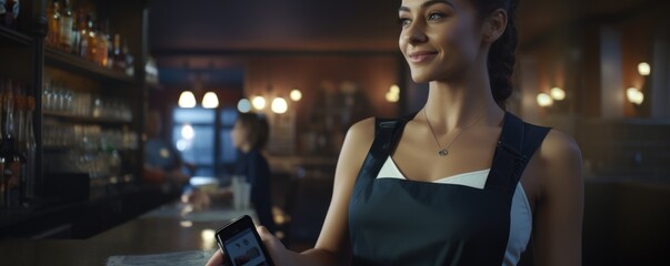 Portrait of a pretty young smiling waitress in a restaurant.