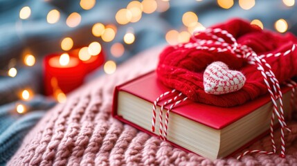 Poster - A red knitted hat and a heart on top of some books, AI