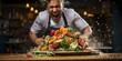 Energetic chef enthusiastically tossing a colorful salad in a modern kitchen setup. dynamic food preparation scene. AI