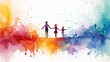 watercolor spots of freedom multicolored ink on a white background, silhouette of  group people, idea creativity, friendship family training