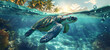 © LiezDesign - sea turtle swimming in the sea - a turtle swimming and swimming under the ocean, in the style of tropical