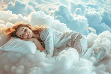 Wall Mural - happy smiling young woman in pajamas sleeping on white clouds in the sky in sunlight