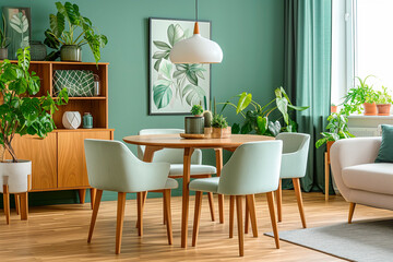 Round wooden dining table in dining room and green color chairs. home interior design of modern living room 