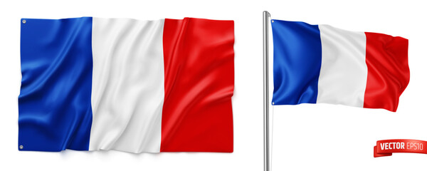 Vector realistic illustration of french flags on a white background.