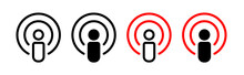 Podcast Line Icon . Microphone and audience icon in black and white color.