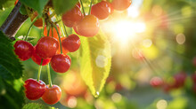 Ripe And Red Cherries On A Tree With Sun Rays. Generative AI