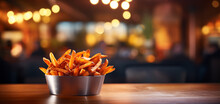 Sweet Potato Fries, Blurred Background, Restaurant Ambiance, Space For Text