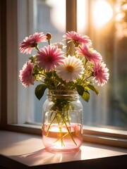 Sticker - a beautiful bouquet of pink chrysanthemum flowers in a transparent vase on a windowsill.