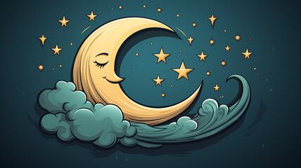 Wall Mural - cartoon crescent moon on a blue sky background, art character, good night children