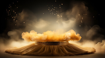 Wall Mural - golden round podium with light clouds, a stage for a new product with an empty copy space