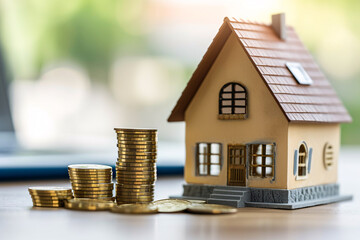 A miniature house next to a growing amount of money, depicting the concept of saving up for a house, buying a home, or investing in real estate