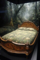 Wall Mural - A bed with a forest scene painted on the headboard, AI