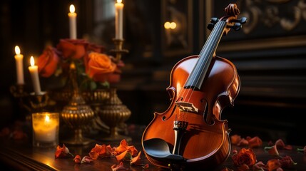 Capture a scene of a beautifully crafted violin. The violin is a classic design,