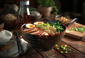 Wall Mural - Ramen noodles bowl with eggs, pork, seaweed, and green onions, on top of a wooden table, chopsticks on the side