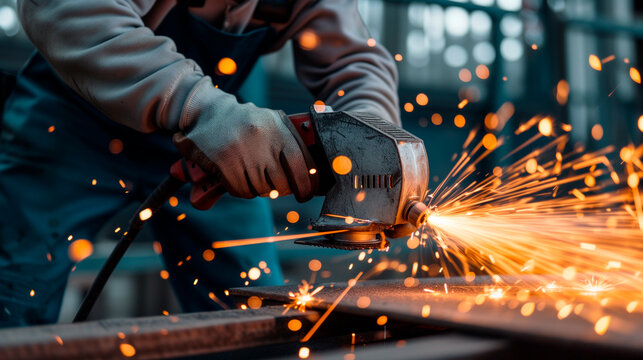 Man working with angle grinder and polishing metal with sparks