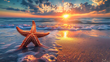 A Small Starfish Sits On The Beach During Sunset