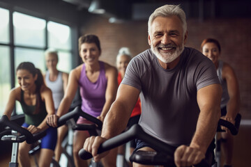 Fit mature man in sportswear doing a cycling class in a gym with a diverse group of people.