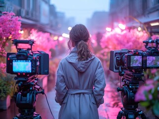 A confident woman captures the vibrant city life through her magenta camera, standing among blooming flowers and towering buildings, showcasing her love for outdoor filming with her stylish purple ou