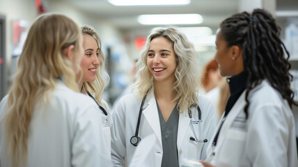 Wall Mural - portrait of smiling female doctor talking with colleague in corridor of hospital