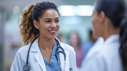 Wall Mural - Portrait of smiling female doctor talking with colleague in corridor of hospital