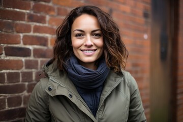 Wall Mural - Portrait of a satisfied woman in her 30s dressed in a water-resistant gilet against a vintage brick wall. AI Generation