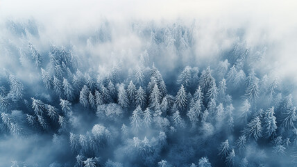 Wall Mural - The northern cold coniferous forest is covered with frost and snow, the landscape is an aero view