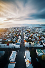 aerial view of a colorful cityscape, with a street and the sea visible, under a cloudy sky, ai generative