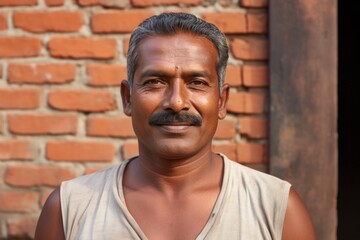 Canvas Print - Portrait of a merry indian man in his 50s showing off a lightweight base layer against a vintage brick wall. AI Generation