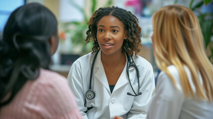 Wall Mural - portrait of smiling female doctor talking with colleague in corridor of hospital