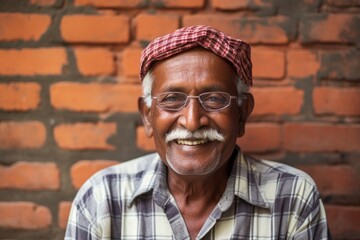 Portrait of a grinning indian man in his 70s wearing a comfy flannel shirt against a vintage brick wall. AI Generation