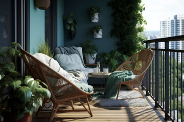 Wall Mural - cozy balcony with two chairs, a table, and plants, overlooking a cityscape during daylight, ai generative