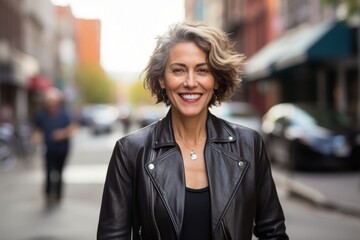 Wall Mural - Portrait of a grinning woman in her 50s sporting a stylish leather blazer against a busy urban street. AI Generation