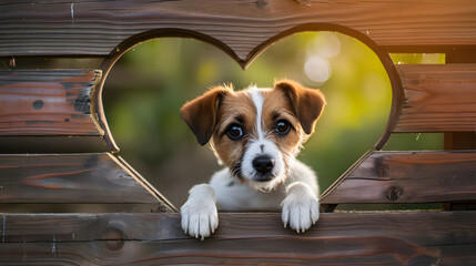 Wall Mural - Puppy Peeking Through Heart-Shaped Hole in Fence