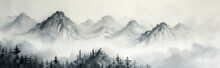 Chinese Watercolor Painting On Wash Paper With Mountain, Fog And Trees