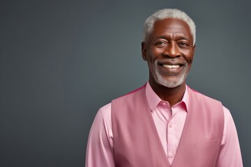 Wall Mural - Portrait of a cheerful afro-american man in his 60s dressed in a polished vest against a modern minimalist interior. AI Generation