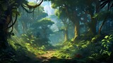 Fototapeta  - A lush tropical rainforest with towering trees wrapped in vines, Bright overhead sunlight filtering through the dense canopy, Vibrant shades of minty greens, Hazy air perspective, Extremely detailed r