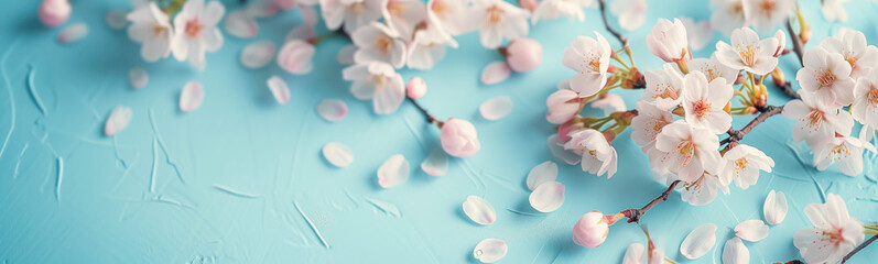 Wall Mural - Panoramic isolated view of blooming cherry branches. Easter concept. Banner, wallpaper, card ideas.